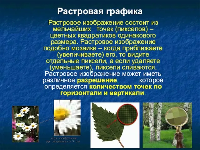 Растровое изображение состоит из мельчайших точек (пикселов) – цветных квадратиков одинакового