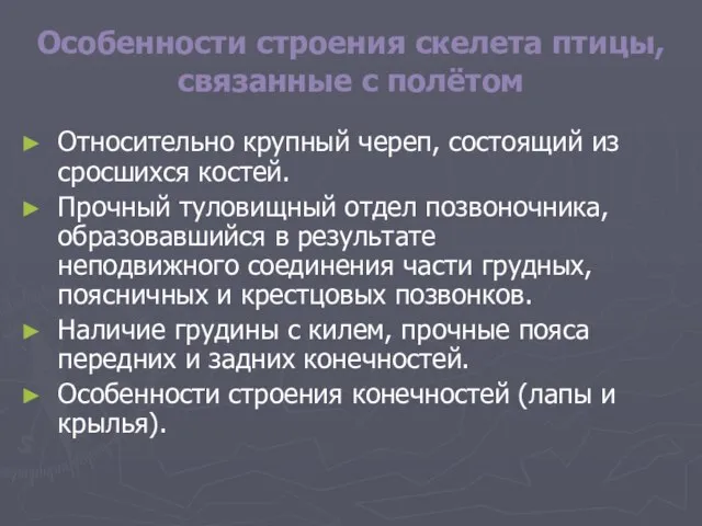 Особенности строения скелета птицы, связанные с полётом Относительно крупный череп, состоящий