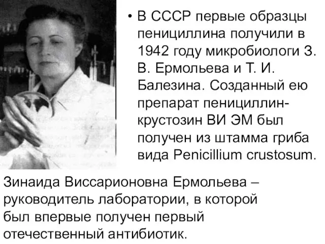 В СССР первые образцы пенициллина получили в 1942 году микробиологи З.