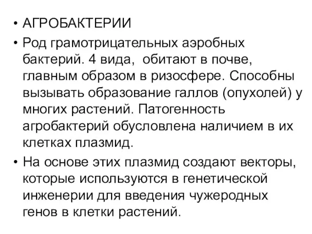 АГРОБАКТЕРИИ Род грамотрицательных аэробных бактерий. 4 вида, обитают в почве, главным