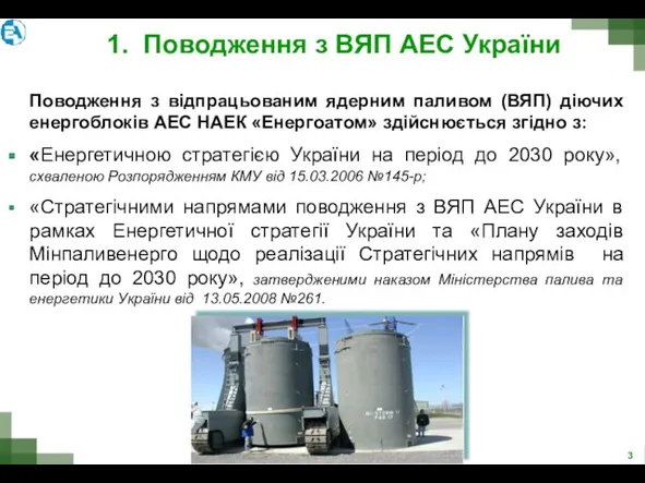 1. Поводження з ВЯП АЕС України Поводження з відпрацьованим ядерним паливом