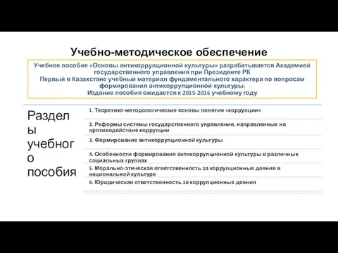 Учебно-методическое обеспечение Учебное пособие «Основы антикоррупционной культуры» разрабатывается Академией государственного управления