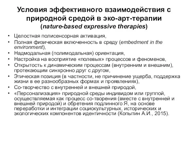 Условия эффективного взаимодействия с природной средой в эко-арт-терапии (nature-based expressive therapies)