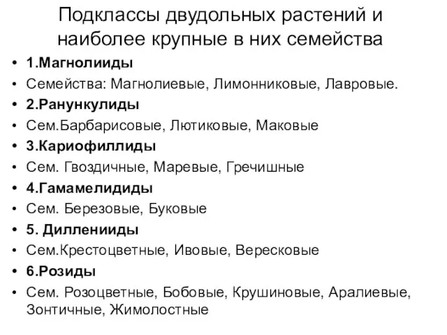 Подклассы двудольных растений и наиболее крупные в них семейства 1.Магнолииды Семейства: