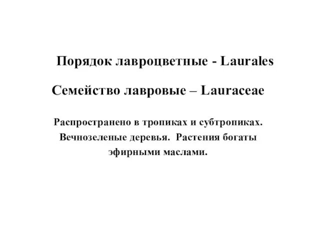 Порядок лавроцветные - Laurales Семейство лавровые – Lauraceae Распространено в тропиках