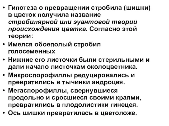 Гипотеза о превращении стробила (шишки) в цветок получила название стробилярной или