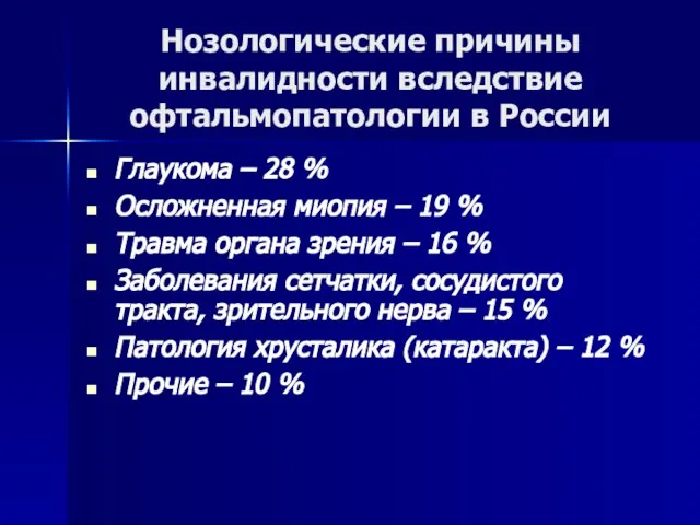 Нозологические причины инвалидности вследствие офтальмопатологии в России Глаукома – 28 %