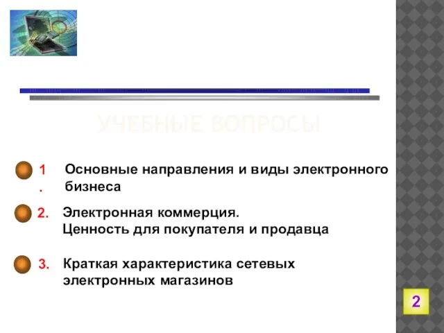 УЧЕБНЫЕ ВОПРОСЫ 1. Основные направления и виды электронного бизнеса 3. Краткая