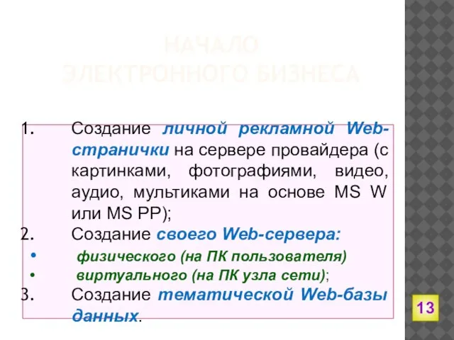 НАЧАЛО ЭЛЕКТРОННОГО БИЗНЕСА Создание личной рекламной Web-странички на сервере провайдера (с