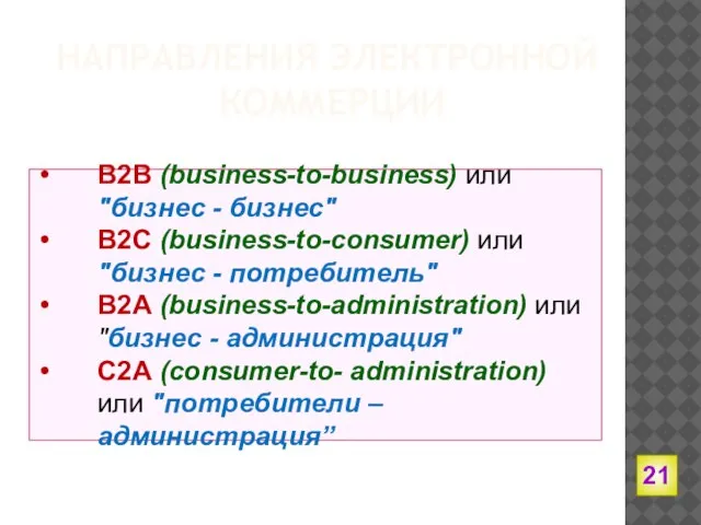 НАПРАВЛЕНИЯ ЭЛЕКТРОННОЙ КОММЕРЦИИ B2B (business-to-business) или "бизнес - бизнес" B2C (business-to-consumer)
