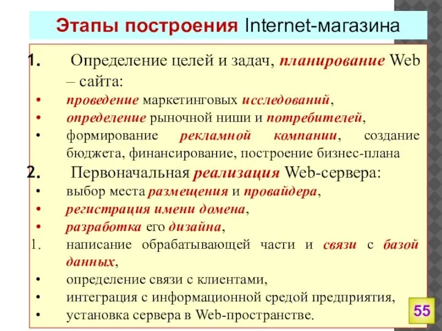 Этапы построения Internet-магазина Определение целей и задач, планирование Web – сайта: