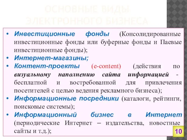 ОСНОВНЫЕ ВИДЫ ЭЛЕКТРОННОГО БИЗНЕСА Инвестиционные фонды (Консолидированные инвестиционные фонды или буферные