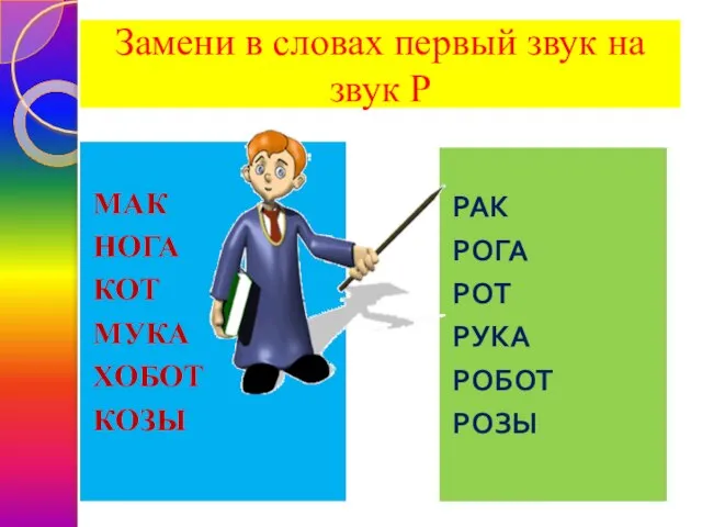 Замени в словах первый звук на звук Р МАК НОГА КОТ