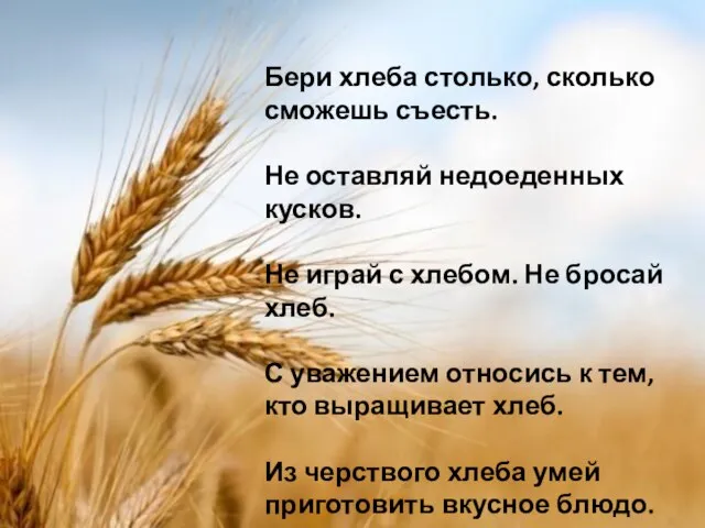 Бери хлеба столько, сколько сможешь съесть. Не оставляй недоеденных кусков. Не