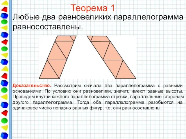 Теорема 1 Любые два равновеликих параллелограмма равносоставлены. Доказательство. Рассмотрим сначала два