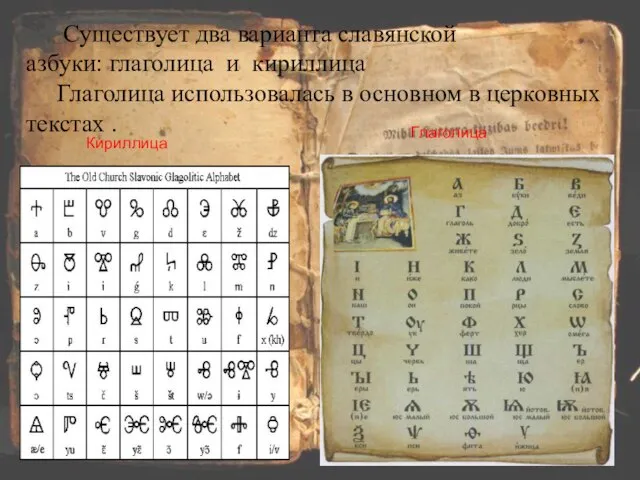 Существует два варианта славянской азбуки: глаголица и кириллица Глаголица использовалась в