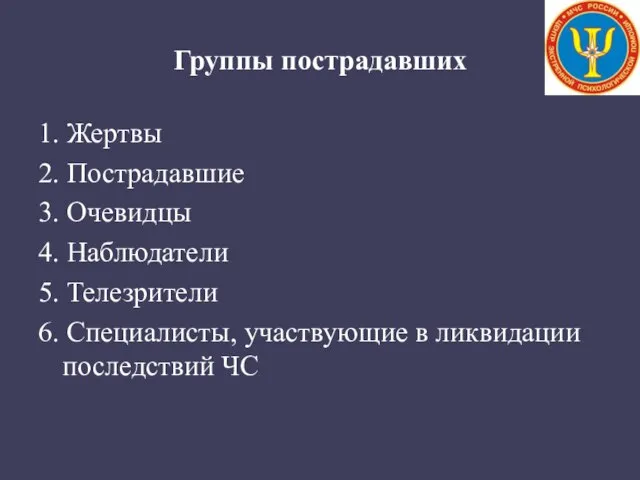 Группы пострадавших 1. Жертвы 2. Пострадавшие 3. Очевидцы 4. Наблюдатели 5.