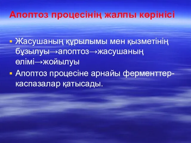 Апоптоз процесінің жалпы көрінісі Жасушаның құрылымы мен қызметінің бұзылуы→апоптоз→жасушаның өлімі→жойылуы Апоптоз процесіне арнайы ферменттер-каспазалар қатысады.