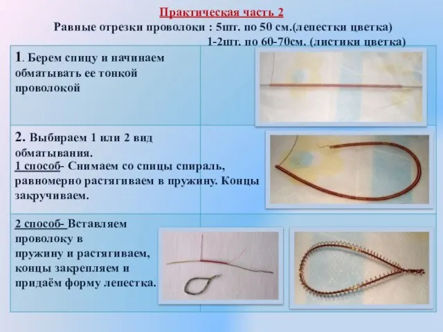 Практическая часть 2 Равные отрезки проволоки : 5шт. по 50 см.(лепестки