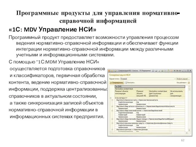 Программные продукты для управления нормативно-справочной информацией «1С: MDV Управление НСИ» Программный