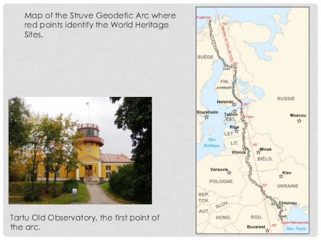 Map of the Struve Geodetic Arc where red points identify the