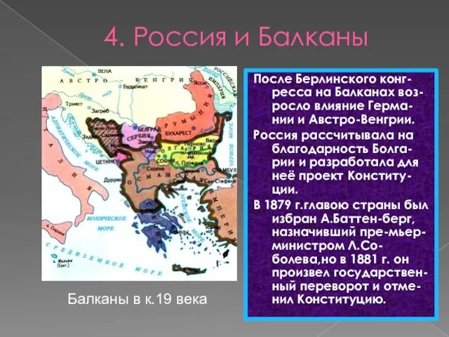 4. Россия и Балканы После Берлинского конг-ресса на Балканах воз-росло влияние