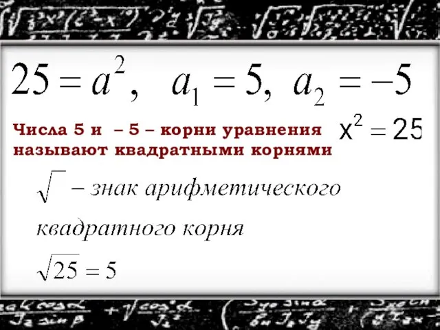 Числа 5 и – 5 – корни уравнения называют квадратными корнями