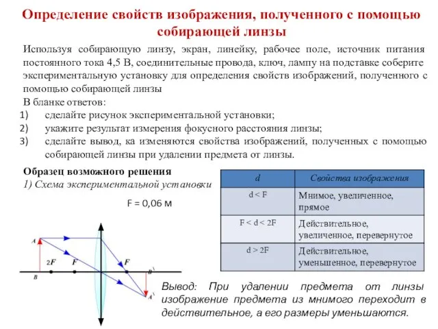 Определение свойст­в изображения, полученного с помощью собирающей линзы Используя собирающую линзу,