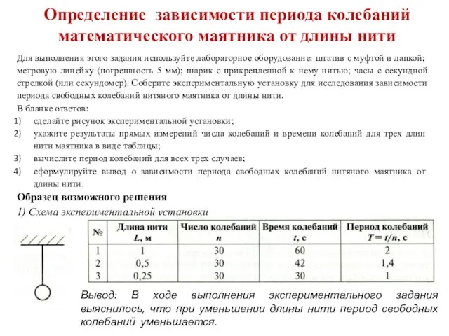 Определение зависимости периода колебаний математического маятника от длины нити Для выполнения