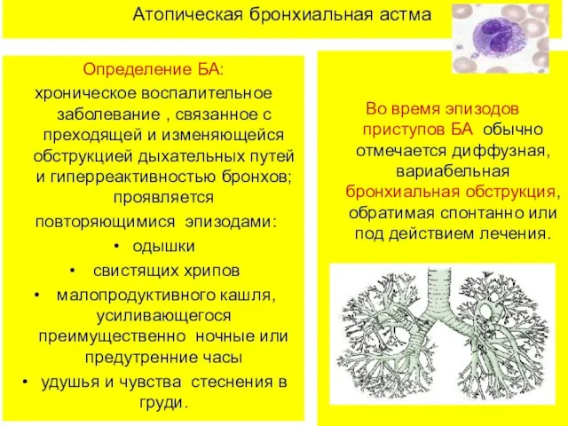 Атопическая бронхиальная астма Определение БА: хроническое воспалительное заболевание , связанное с