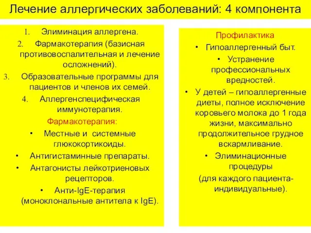 Лечение аллергических заболеваний: 4 компонента Элиминация аллергена. Фармакотерапия (базисная противовоспалительная и