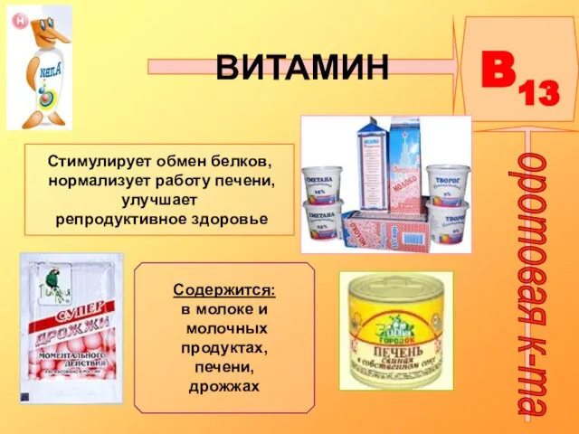 ВИТАМИН B13 оротовая к-та Стимулирует обмен белков, нормализует работу печени, улучшает