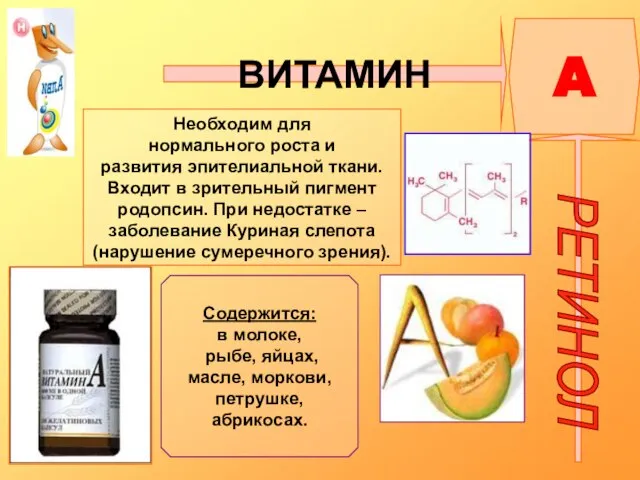 ВИТАМИН A РЕТИНОЛ Необходим для нормального роста и развития эпителиальной ткани.