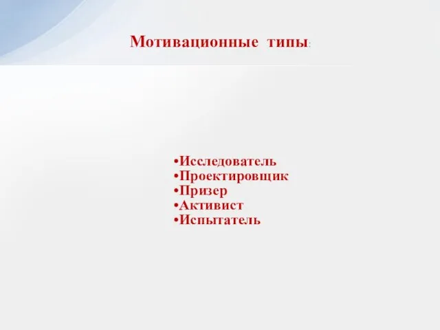 Мотивационные типы: Исследователь Проектировщик Призер Активист Испытатель