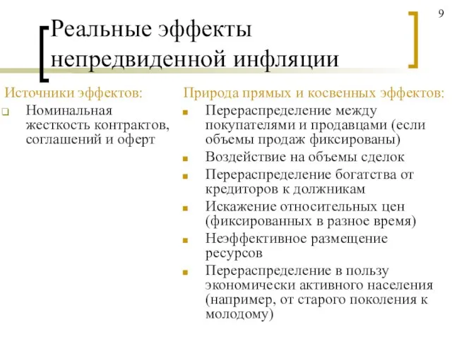 Реальные эффекты непредвиденной инфляции Природа прямых и косвенных эффектов: Перераспределение между