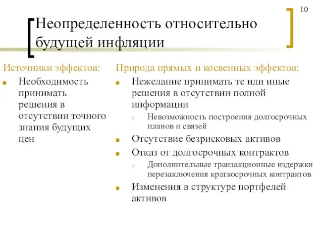 Неопределенность относительно будущей инфляции Источники эффектов: Необходимость принимать решения в отсутствии