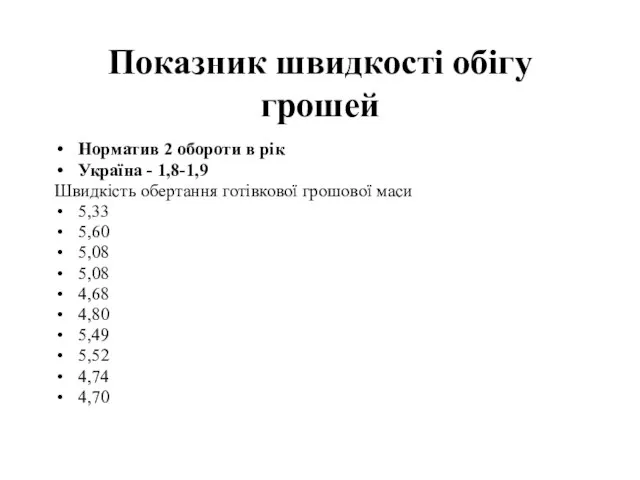 Показник швидкості обігу грошей Норматив 2 обороти в рік Україна -