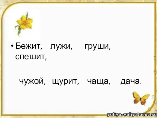 Бежит, лужи, груши, спешит, чужой, щурит, чаща, дача.