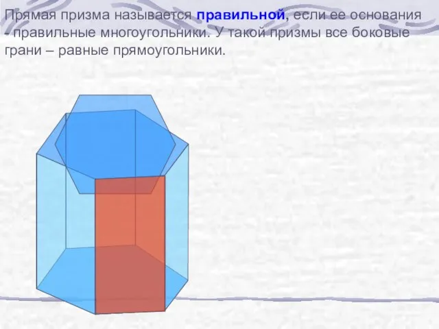 Прямая призма называется правильной, если ее основания - правильные многоугольники. У