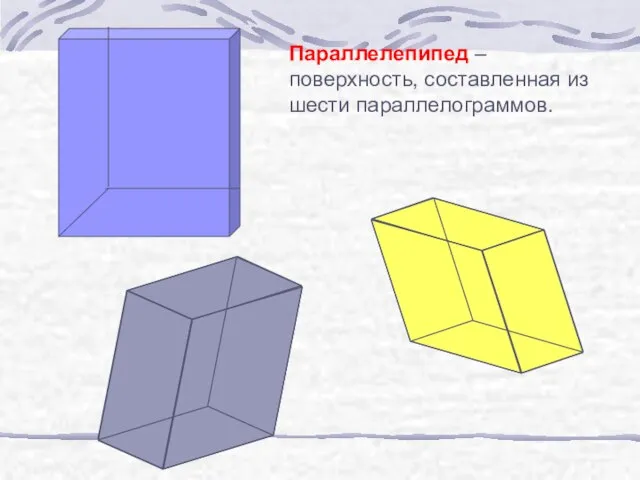 Параллелепипед – поверхность, составленная из шести параллелограммов.