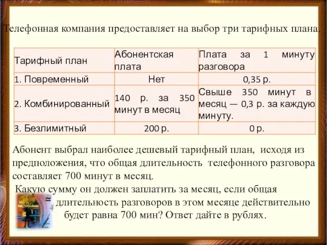 Телефонная компания предоставляет на выбор три тарифных плана. Абонент выбрал наиболее