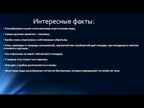 Интересные факты: • Ракообразные служат естественными очистителями воды; • Самые крупные