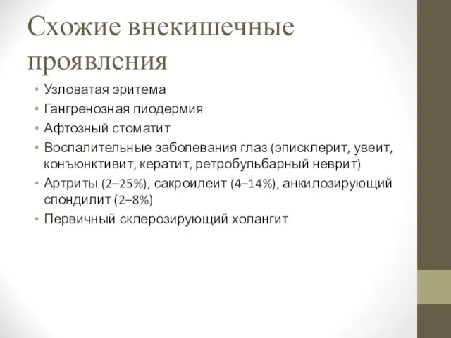 Схожие внекишечные проявления Узловатая эритема Гангренозная пиодермия Афтозный стоматит Воспалительные заболевания