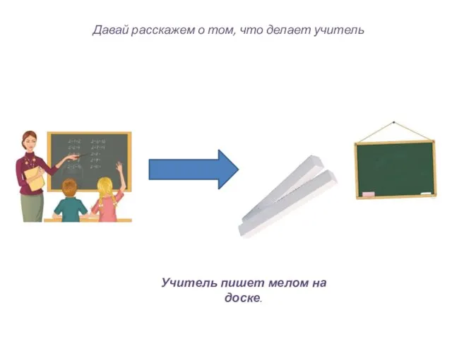 Давай расскажем о том, что делает учитель Учитель пишет мелом на доске.