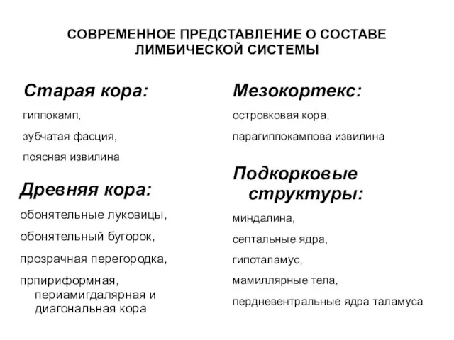 СОВРЕМЕННОЕ ПРЕДСТАВЛЕНИЕ О СОСТАВЕ ЛИМБИЧЕСКОЙ СИСТЕМЫ Старая кора: гиппокамп, зубчатая фасция,