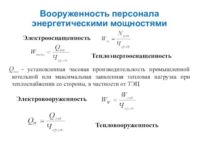 Вооруженность персонала энергетическими мощностями Электрооснащенность Теплоэнергооснащенность - установленная часовая производительность промышленной