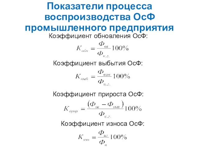 Показатели процесса воспроизводства ОсФ промышленного предприятия Коэффициент обновления ОсФ: Коэффициент выбытия