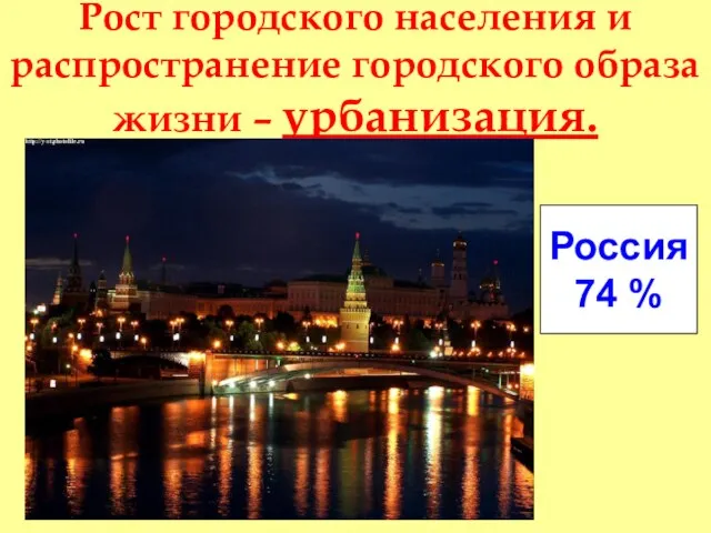 Рост городского населения и распространение городского образа жизни – урбанизация. Россия 74 %