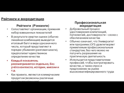 Рейтинги и аккредитация Рейтинги (Рэнкинги) Сопоставляют организации, применяя набор взвешенных показателей