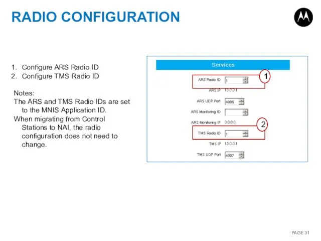 RADIO CONFIGURATION Configure ARS Radio ID Configure TMS Radio ID Notes: